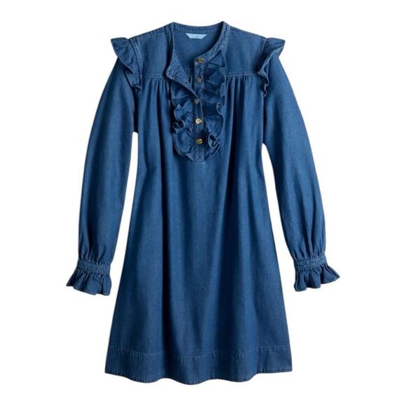 DRAPER JAMES RSVP Ruffle Bib Medium Wash Denim Jean Sheath Mini Dress Size M - Picture 2 of 15